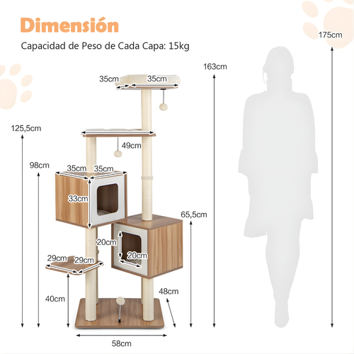 Árbol para Gatos 163 cm Multinivel con Casas, Rascadores de Sisal y Cojines Lavables